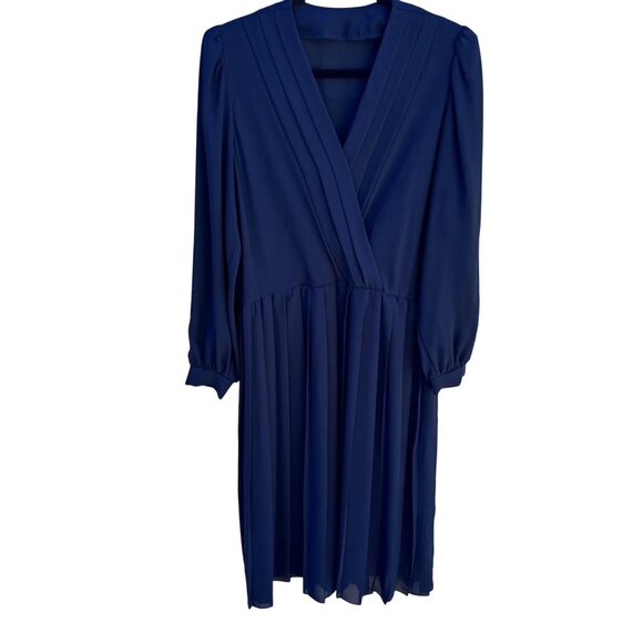 Vintage Womens Navy Blue Long-Sleeve Pleated V-Neck Flowy Semi Sheer Midi Dress - Picture 1 of 9